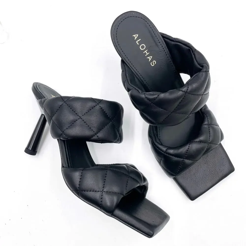 Alohas Conner Sandals Black Leather Quilted Heels‎ Square Toe Sz 8.5
